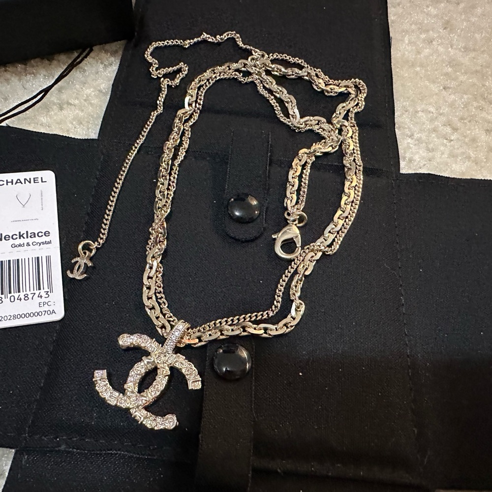 CHANEL Gold Crystal CC Logo Necklace
